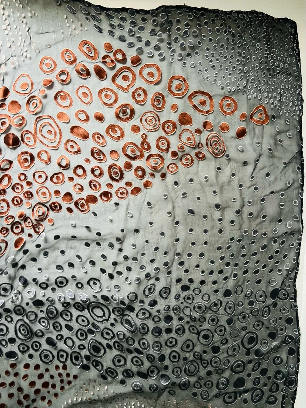 Cynthia Rowley Devore’ metallic copper pebble Sheer, black burnout Scarf
